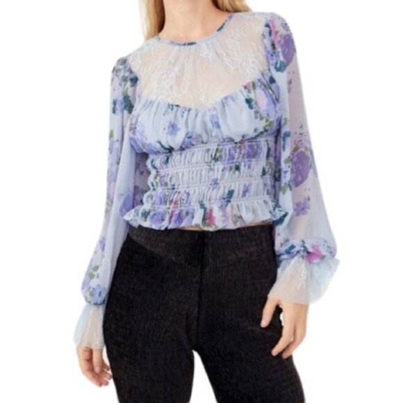 Free People Daphne Blouse Top Floral Lace‎ & Sheer Romantic - Picture 1 of 9